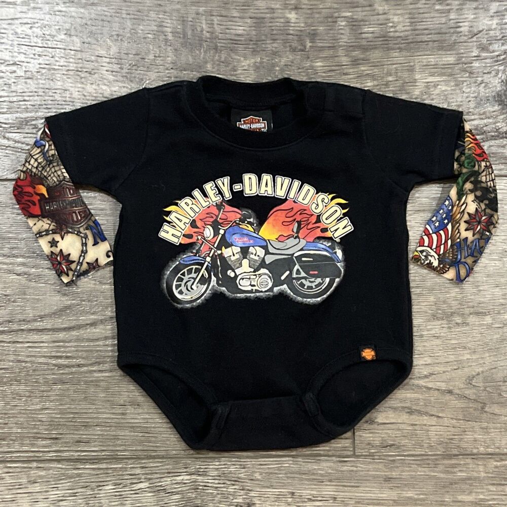 Harley Davidson Baby Romper Bodysuit w /Tattoo Arm Sleeves Size 0-3 Months
